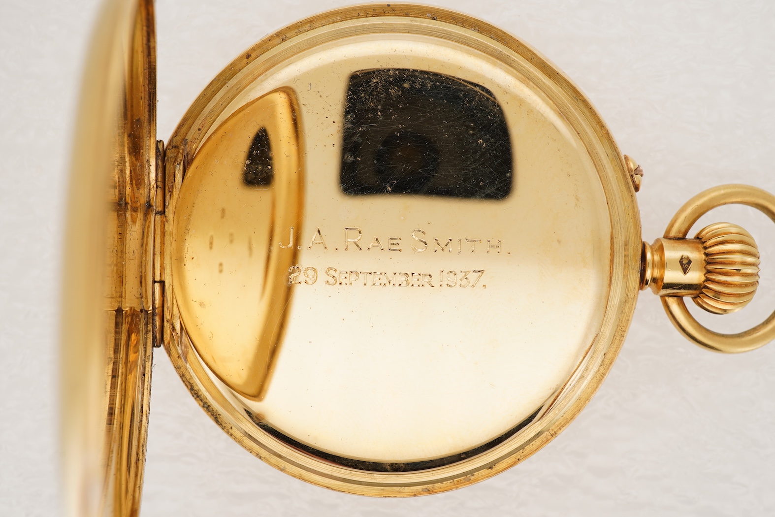 A George V 18ct gold half hunter keyless lever pocket watch, retailed by Mappin